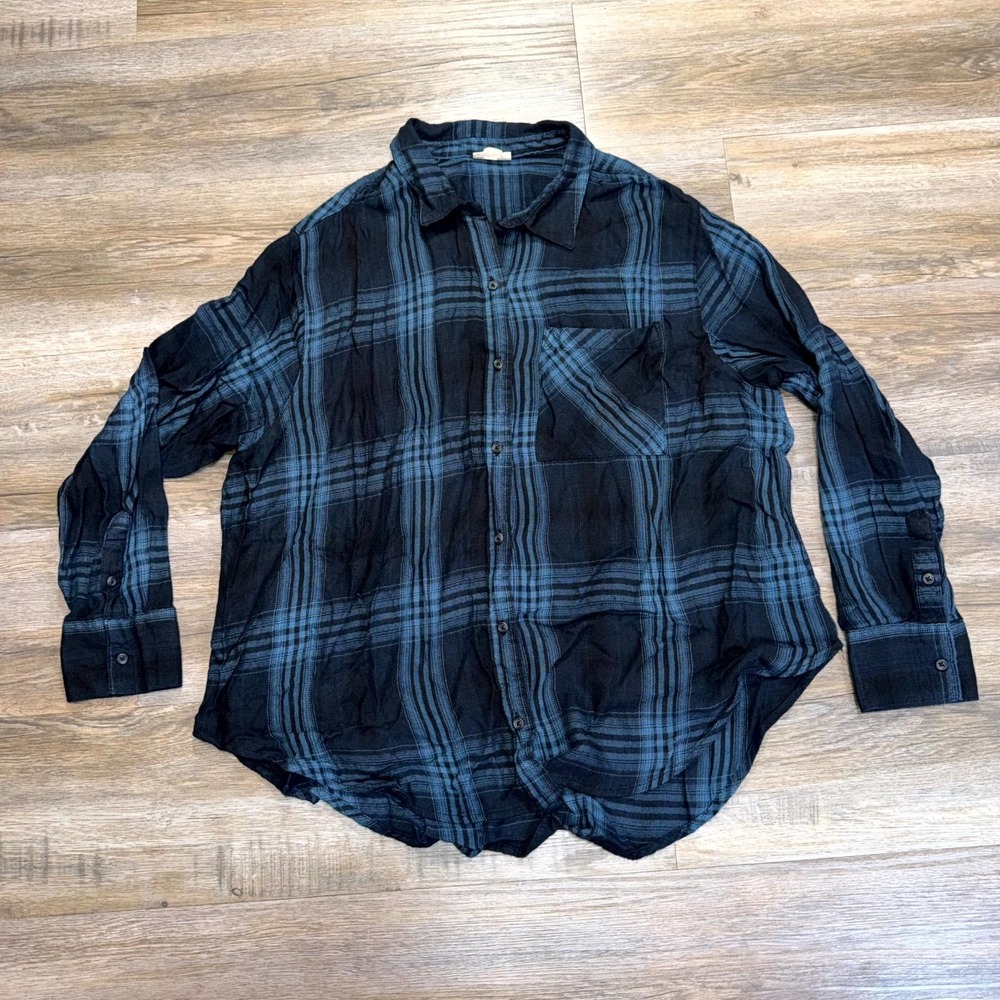 A.N.A Oversized Fit Shirt Womens Medium Blue Black Tartan Plaid Button-Up Casual